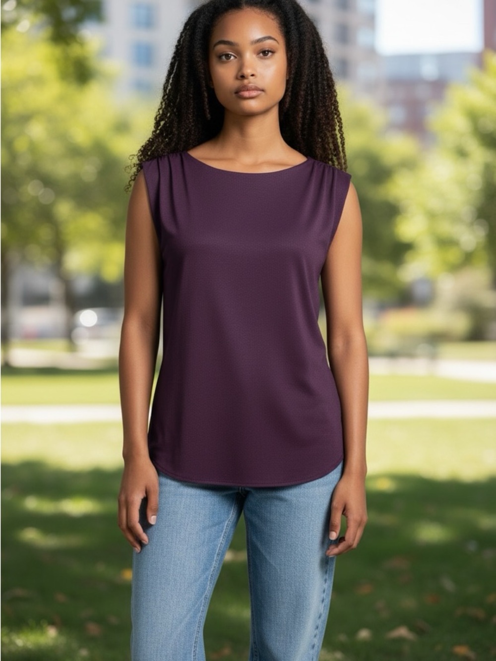Susan Graver Passport Knit Sleeveless Bateau Neck Tank Size Medium Purple